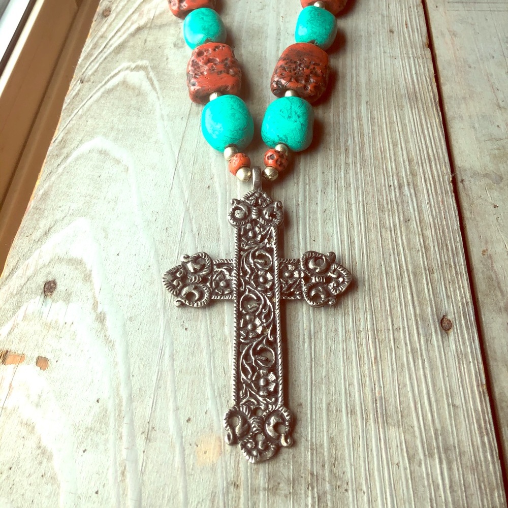 Southwestern chunky beaded silver cross necklace